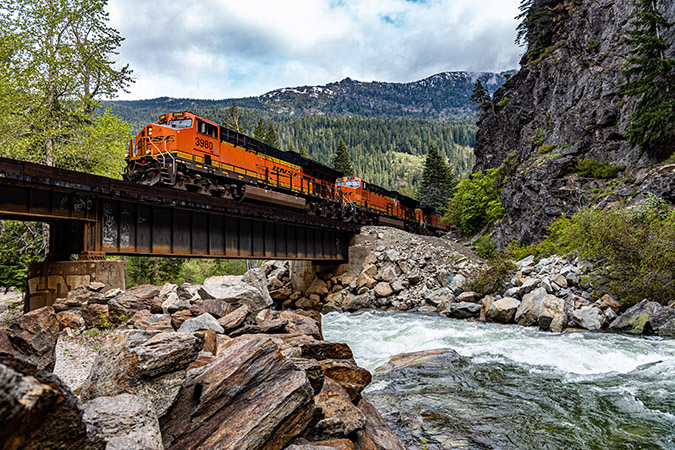 BNSF 3980, a GE ET44C4, is a Tier 4 locomotive, known for meeting the strictest emissions standards. Here it crosses Nason Creek east of Stevens Pass near Merritt, Washington. BNSF 3980, a GE ET44C4, is a Tier 4 locomotive, known for meeting the strictest emissions standards. Here it crosses Nason Creek east of Stevens Pass near Merritt, Washington.