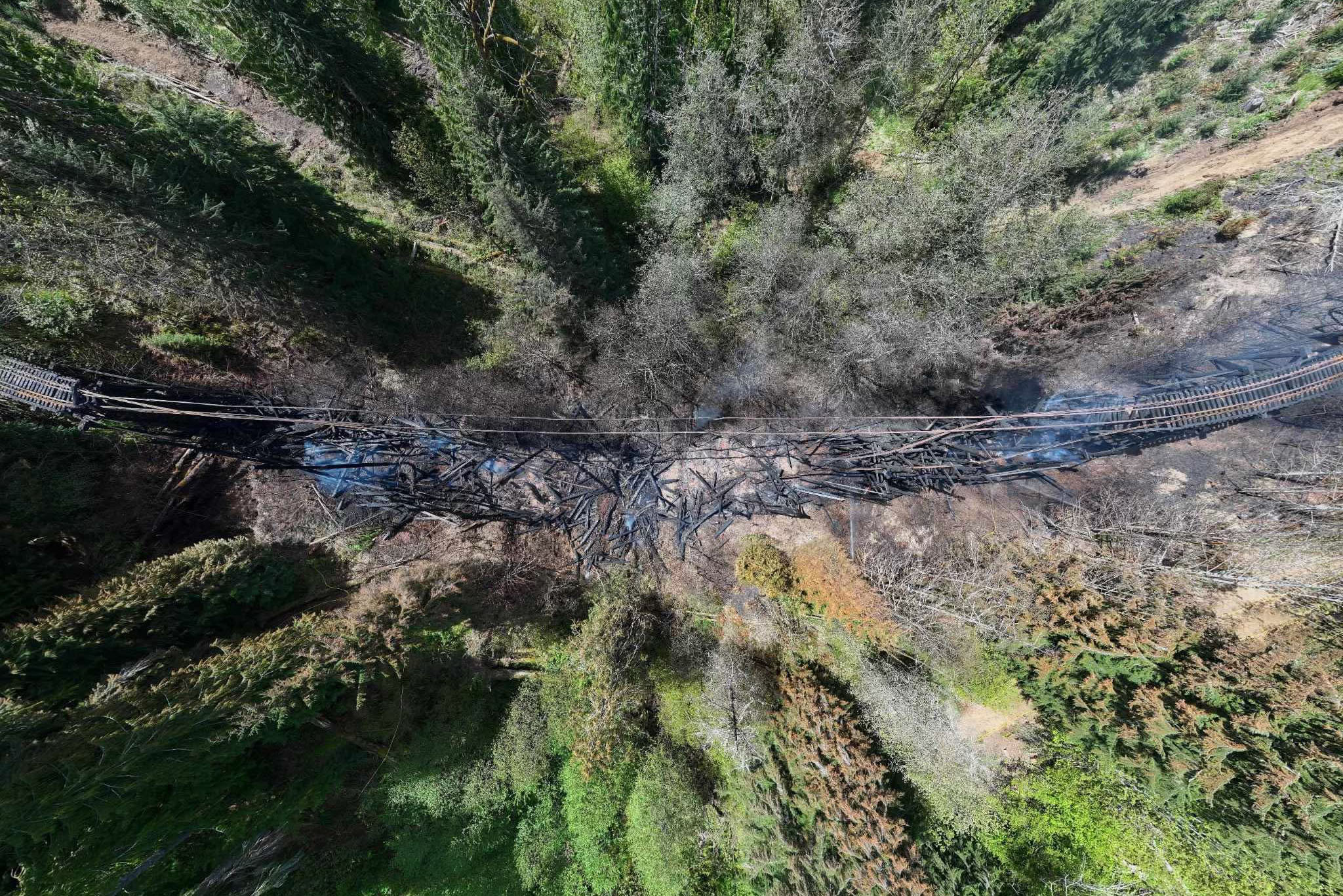 An aerial view of the burning bridge. 